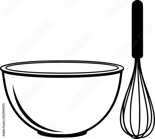 Mixing bowl and whisk kitchen utensil silhouette vector illustration
