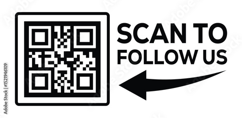 Minimalist black and white social media QR code graphic. Code framed in black square on left. Bold "SCAN TO FOLLOW US" text and curved arrow pointing left on right. Clean, modern design directs viewer