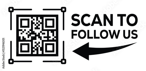 Minimalist black and white social media QR code graphic. Code framed in black square on left. Bold "SCAN TO FOLLOW US" text and curved arrow pointing left on right. Clean, modern design directs viewer