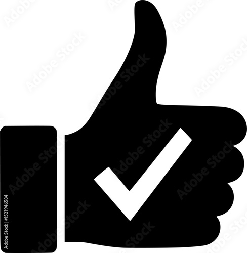 Thumbs up with check mark black and white silhouette vector illustration
