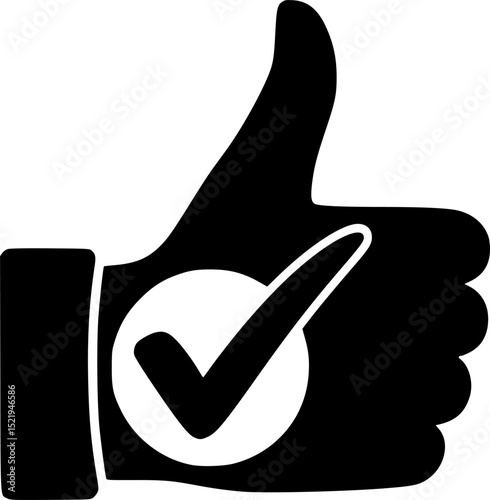 Thumbs up with check mark black and white silhouette vector illustration
