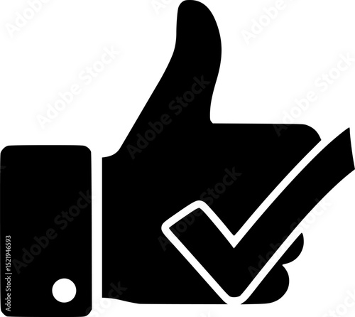 Thumbs up with check mark black and white silhouette vector illustration
