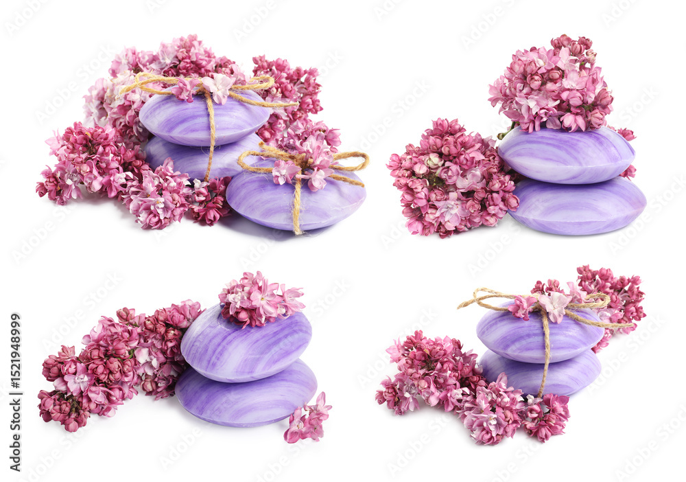 Naklejka premium Soap bars and aromatic lilac flowers isolated on white, collage