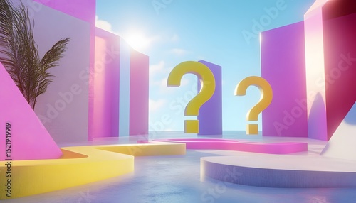 Colorful geometric shapes and question marks in a stylized digital scene.