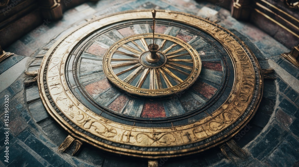 Obraz premium An ornate golden and blue wheel centered within stone structure