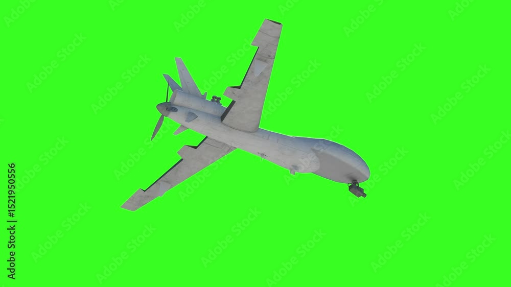 a military drone is flying  looped 3D render animation on green  background