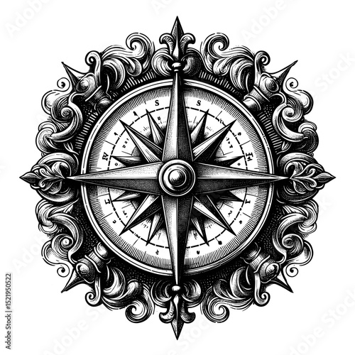 Ornate compass rose detailed drawing. Intricate compass rose design with decorative flourishes.  Elegant compass rose illustration perfect for nautical themed projects, vintage designs,