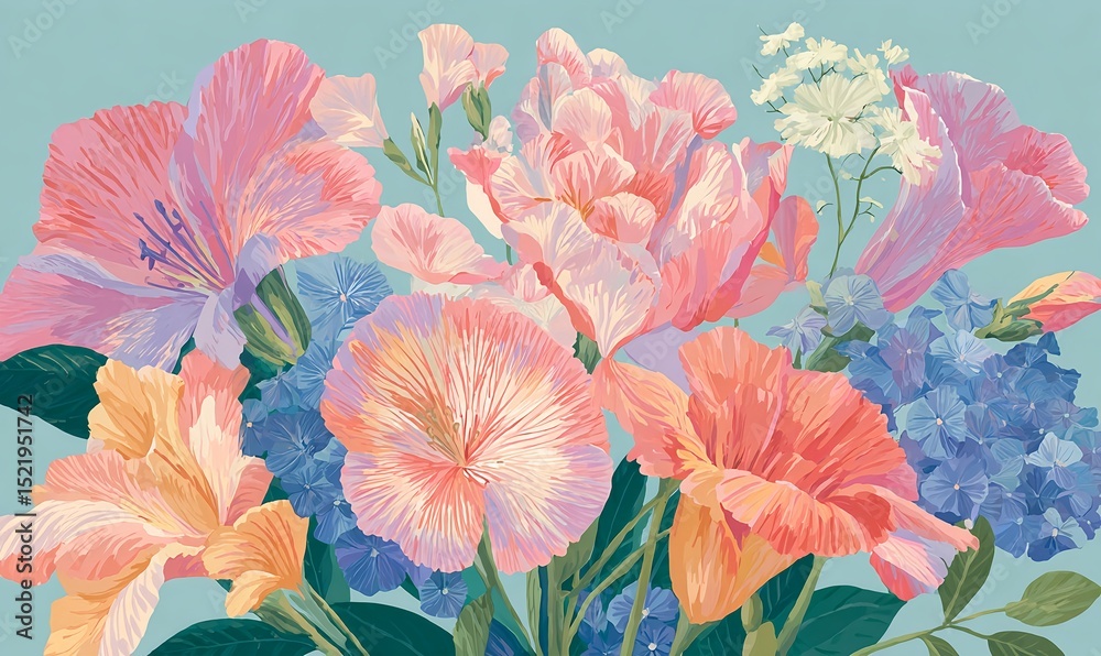 custom made wallpaper toronto digitalA gauche-style illustration of a vibrant bouquet of flowers with soft lines, delicate petals, and a calming background