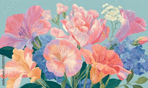 Wallpaper Mural A gauche-style illustration of a vibrant bouquet of flowers with soft lines, delicate petals, and a calming background Torontodigital.ca