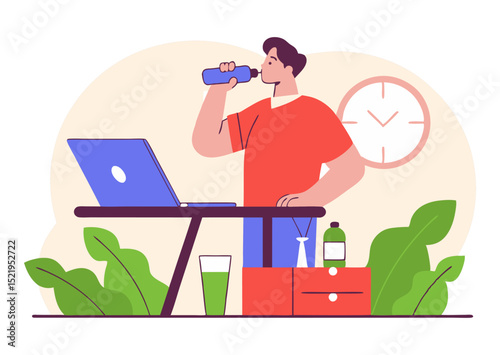 A person stands at a desk, drinking from a bottle while working on a laptop, promoting a healthy and hydrated workspace.