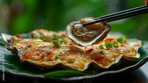 Chopsticks lifting an oyster from a fried oyster omelette served on a banana leaf lined plate penang local food black shirt as background,