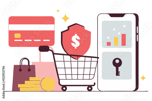 A vibrant flat-design illustration of a smartphone and a credit card with shopping bags, coins, a shopping cart, and a shield icon, symbolizing secure online shopping, e-commerce, or digital finance.