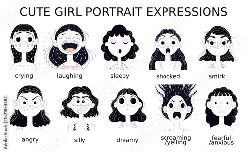 A grid displays ten different emotional expressions of a cute girl's portrait, labeled with emotions like crying, laughing, and angry. The illustrations use a clean, graphic style to clearly convey ea