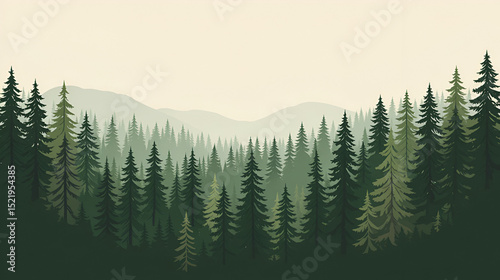 Horizontal illustration of green brown coniferous forest.
