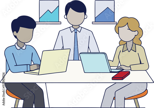 Flat vector illustration of business team working at table with laptops. Perfect for office, corporate, or startup project visuals. Clean and professional look for modern business themes.