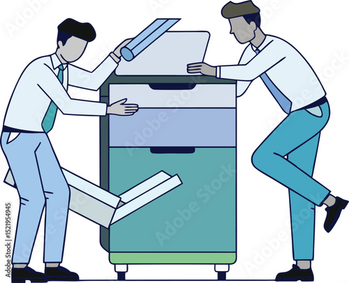 Flat vector illustration of two office workers using a photocopy machine. Ideal for workplace, document handling, or printing service visuals. Clean and modern concept for business scenes.