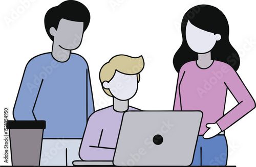Modern flat illustration of a team working together around a laptop. Ideal for concepts like collaboration, tech startup, and office productivity. Clean design perfect for web and presentations.