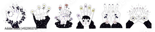 A collection of six surreal illustrations featuring hands and heads intertwined with floral and leaf elements. The artwork employs a whimsical, graphic style with a limited color scheme.