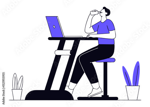 A minimalist illustration depicts a person sitting at a desk with a laptop, taking a drink. The scene suggests remote work or online learning with a focus on hydration.