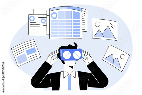 An illustration depicts a person wearing virtual reality goggles, surrounded by various digital documents and images, representing immersive data monitoring and virtual workspace.