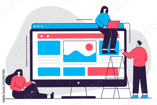 An illustration shows three people working on a large computer monitor, representing website development, web design, or content management.