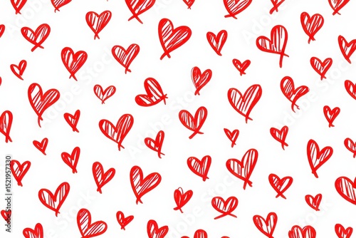Pattern of various sizes of red hand-drawn hearts scattered on a white background evoking warmth and love