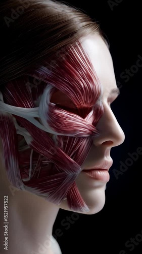 Female face anatomy with muscle structure overlaid, showcasing detailed facial muscles in a scientific, medical illustration for educational purposes