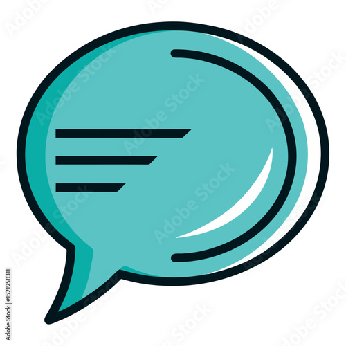 a vibrant, flat illustration of a teal speech bubble with three horizontal lines inside. It symbolizes communication, chat, messages, dialogue, and online interaction.