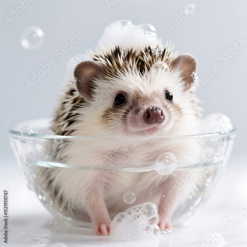 A hedgehog in a glass bowl of water photo