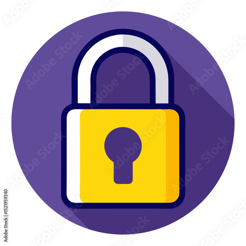 a flat icon of a yellow padlock with a visible keyhole, set within a circular purple background, and casting a long shadow. It symbolizes security, privacy, protection, locked access, and digital safe