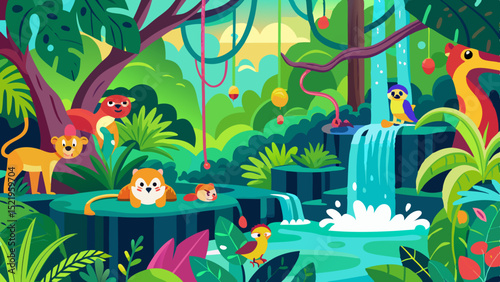 Vibrant rainforest animals waterfall png transparent background