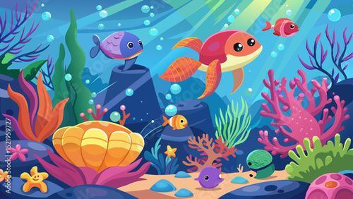 Vibrant underwater scene with cartoon fish and coral reef