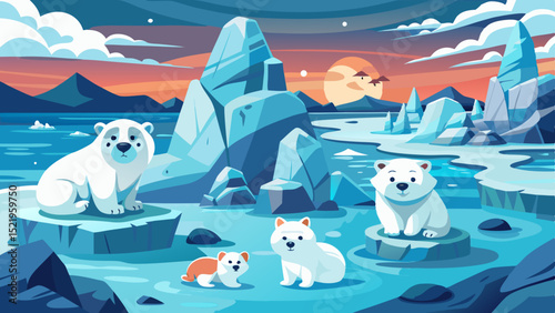 Adorable polar bear family arctic ice landscape