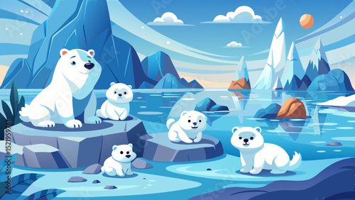 Adorable polar bear family arctic landscape illustration
