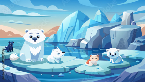 Adorable polar bears and arctic animals on ice floes
