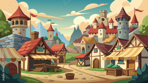 Fairytale medieval village scene, isolated, transparent background