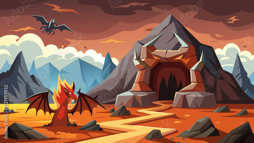 Fiery dragon cave entrance fantasy landscape illustration