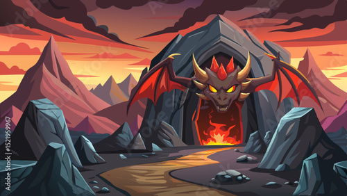 Fiery dragon lair cave entrance fantasy illustration