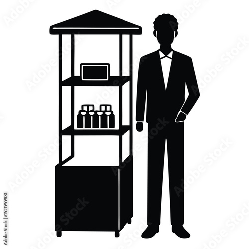 Salesperson element isolated product display stand on white background