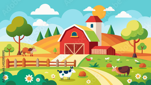 Idyllic farm scene with animals, barn, and lush landscape