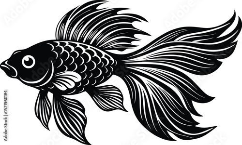 Elegant Ornamental Fish Vector Silhouette , Detailed Black Line Art of Fancy Goldfish with Flowing Fins