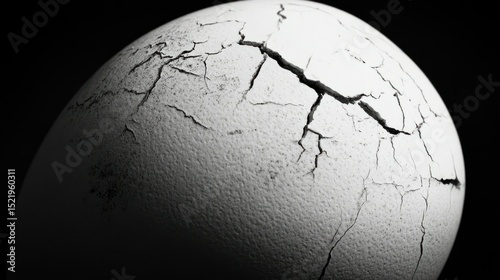 A cracked white egg illuminated against a stark black background
