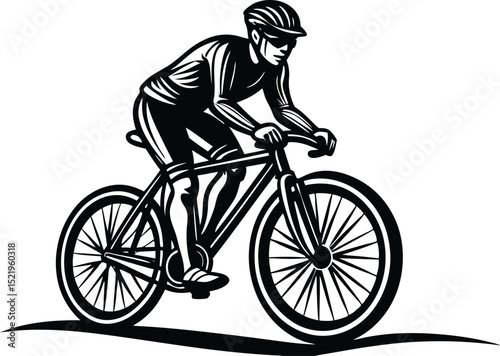 Cyclist Riding Uphill, Black and White Vector of Man on Mountain Bike