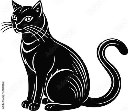Elegant Sitting Cat Silhouette Vector with Whiskers and Curled Tail