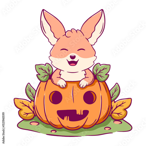 Cartoon fox is sitting inside a pumpkin. The pumpkin is orange and has a hole in the middle