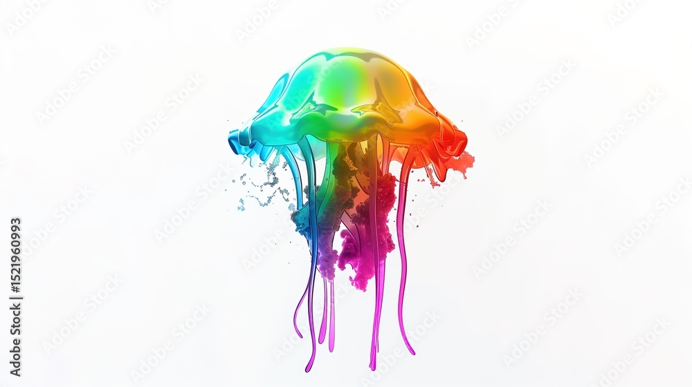 Fototapeta premium Chromatic Alchemy: 3D Rendered Abstract Paint Splatter Art – Concise Rainbow Hues Forming Concrete-Abstract Eye Masks, Jellyfish, and More, Isolated on White Background. Witness a mesmerizing fusion o