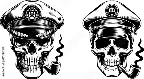 Black and White Nautical Skull Captain Illustration wearing captain's hat and smoking pipe – High Contrast Line Art with Pipe and Hat – Transparent Background
