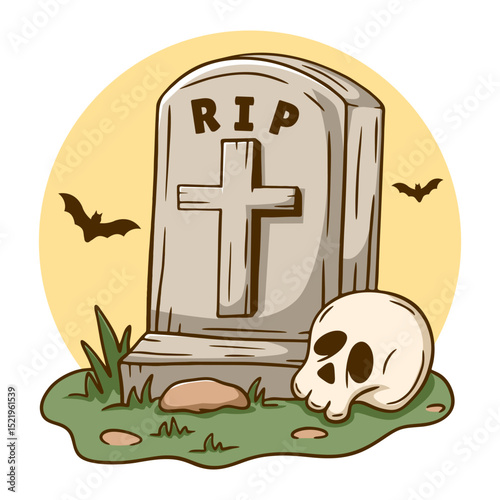 Grave stone with a cross and a skull on it