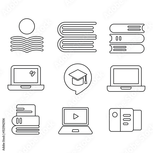 Modern vector line icons for e-learning and education themes. Includes symbols for study, school tools, exams, online classes, certificates, and digital training elements.