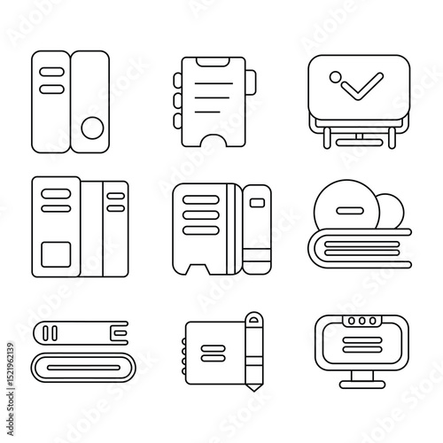 Modern vector line icons for e-learning and education themes. Includes symbols for study, school tools, exams, online classes, certificates, and digital training elements.
